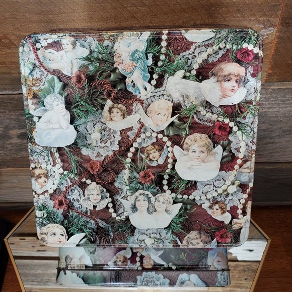 Victorian Tin Box - 8" square - Cherubs, Beads, Lace - Picture 1 of 8